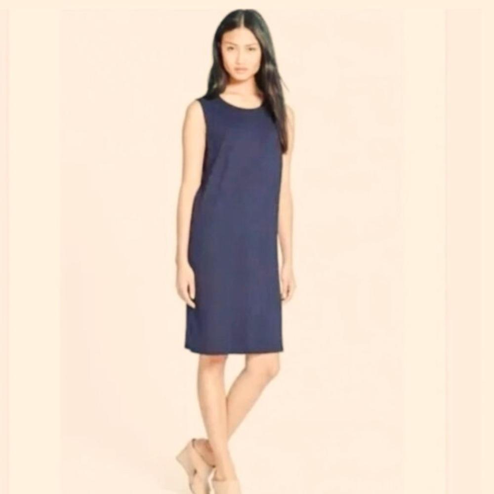Eileen Fisher. Knit Faux Wrap Sleeveless Shift Dress. Navy Blue. Size Medium.